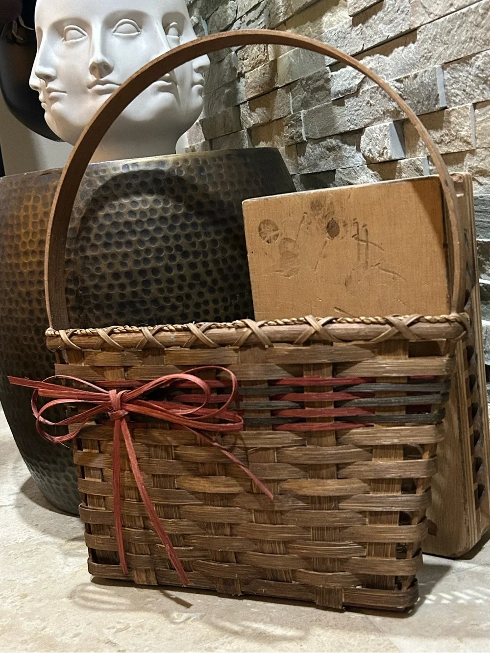 hand-woven wall or door hung wooden splint basket
